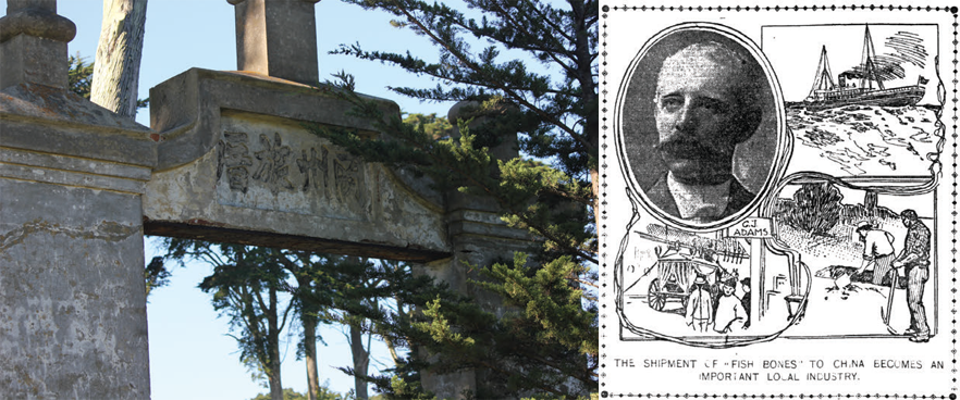 Left: Stone gate with Chinese writing. Right: Newspaper clipping showing people digging and boat in ocean.