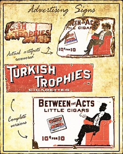 Red, black and white metal cigarette advertising signs showing elegant man in top hat