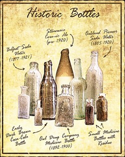 illustration of  1877 Belfast Soda Water bottles, pre-1920 Stoneware Ceramic Ale bottles, 1885 Oakland Pioneer soda water bottles, early dark brown coca-cola bottles & 1892 Owl Drug Co. Medicine Bottle