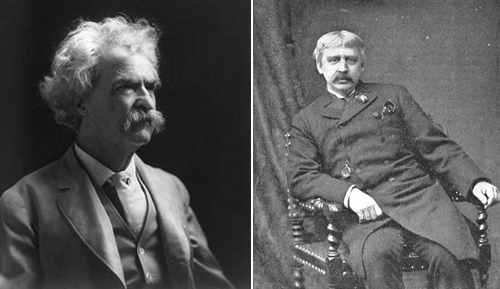 Left: Mark Twain with bushy mustache and crisp suit. Right: Bret Harte in formal dress coat sitting in chair.