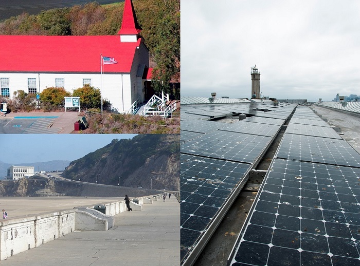 Collage showing areas affected by fee revenue. Clockwise from top left: exterior of Marin Headlands Visitor Center building with red roof, Alcatraz Island photovoltaic system and panels with lighthouse in background, and walkway at Ocean Beach.