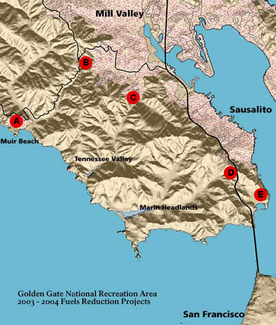 Map showing the location of various mechanical treatment projects within Golden Gate National Recreation Area.