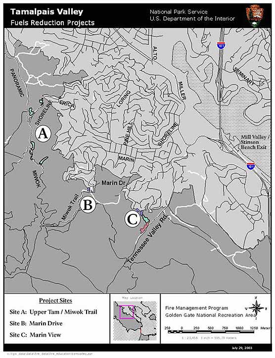 Map of 2003 Mechanical Treatment Project Locations in Tamalpais Valley