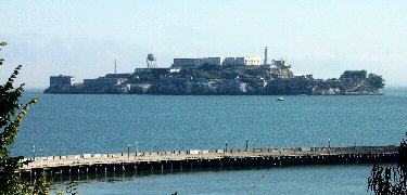 The view of Alcatraz from Fort Mason on a nice September day, showing the whole island from a distance.