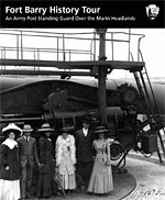 Cover of Fort Barry History Tour booklet showing civilians standing in front of large coast defense gun.