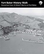 Cover of Horseshoe Cove self-guided booklet showing aerial view of Horseshoe Cove and Fort Baker from the 1950s.
