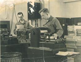 William Bandura (right) in the Mimeography Office on Governors Island, 1951.