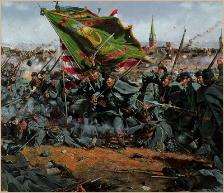 An illustration of Irish Brigade troops charging headlong into battle.