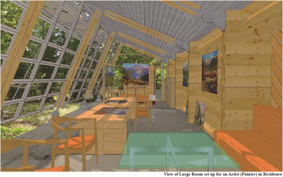 A computer-generated color image of a large gallery inside a wooden building with a metal roof. Large windows to one side show tall green trees and grasses outside, with sitting areas, gallery space for art, and a large table for creating.