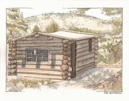 A watercolor painting of a log cabin with trees appearing around the edges of the frame. The cabin is a soft brown about 10 stacked logs tall. There is a window on the close side, and a small door on the cabin's right.