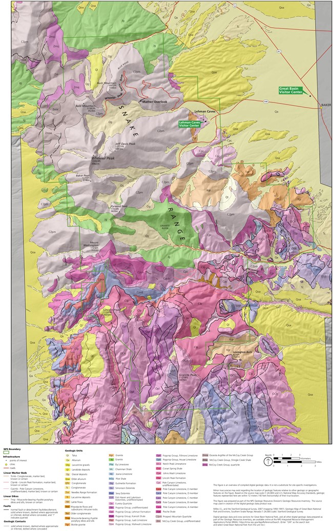 A colored map of complex geologic relationships and different rock types around the area of Great Basin National Park
