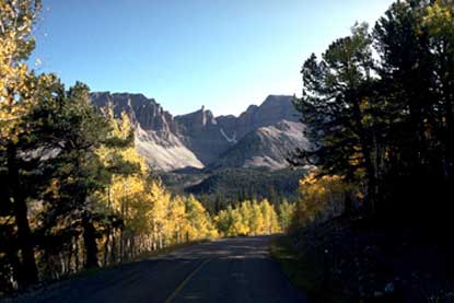 Golden aspens frame the view of Wheeler Peak on teh Wheeler Peak Scenic Drive.