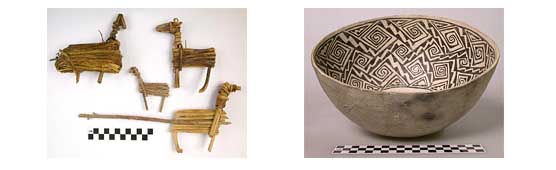 left: split-twig figurines, right: Ancestral Puebloan pot