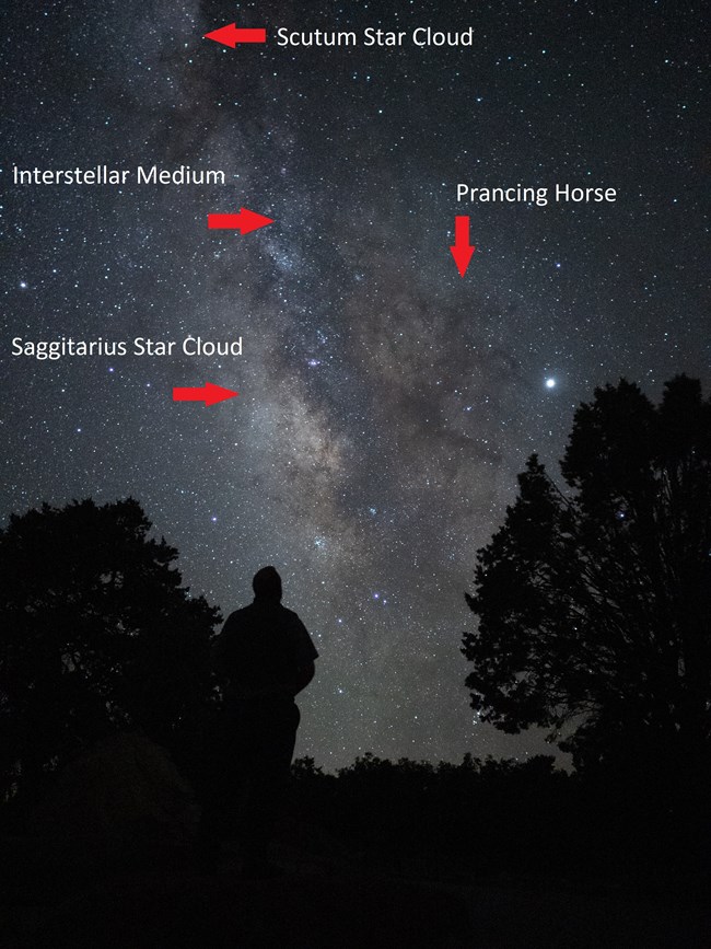 A silhouette of a person and trees in the foreground. The Milky Way streams overhead. The picture has red arrows pointing to different sections of the Milky Way.