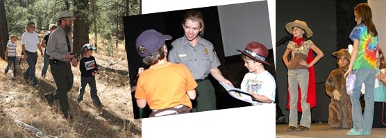 Left to right: Ranger Ron Brown shows how to track and locate animals through radio telemetry, Ranger Lori Rome swearing in Junior Rangers, Grand Canyon Elementary School students performing a wildlife skit.