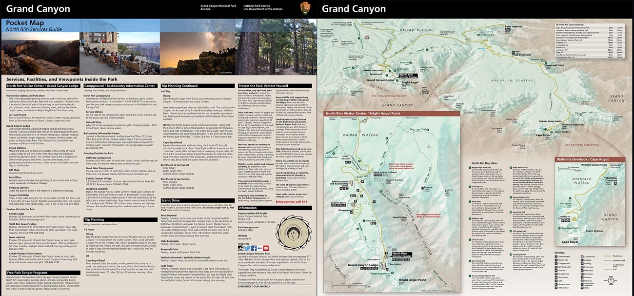 Graphic shows front (listing of services) and back (road and trail maps) of North Rim Pocket Map - the PDF version is accessible.