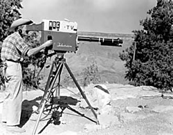Wide-Wide World tv camera on rim near El Tovar hotel during broadcast. 16 Oct 1955. NPS photo by Leding