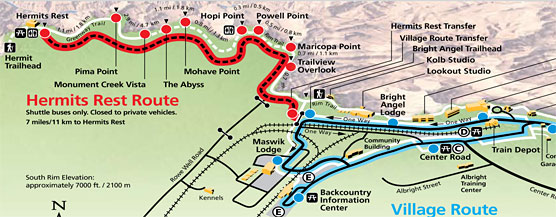 Map of Hermit Road: Hermits Rest Shuttle Bus Route