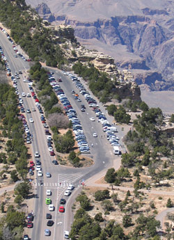 Aerial view of Mather Point with traffic.