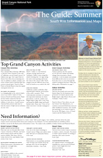 Front cover of Grand Canyon South Rim Summer Guide. Shows a photo of the canyon during a thunderstorm with a bolt of lightning striking the rim.