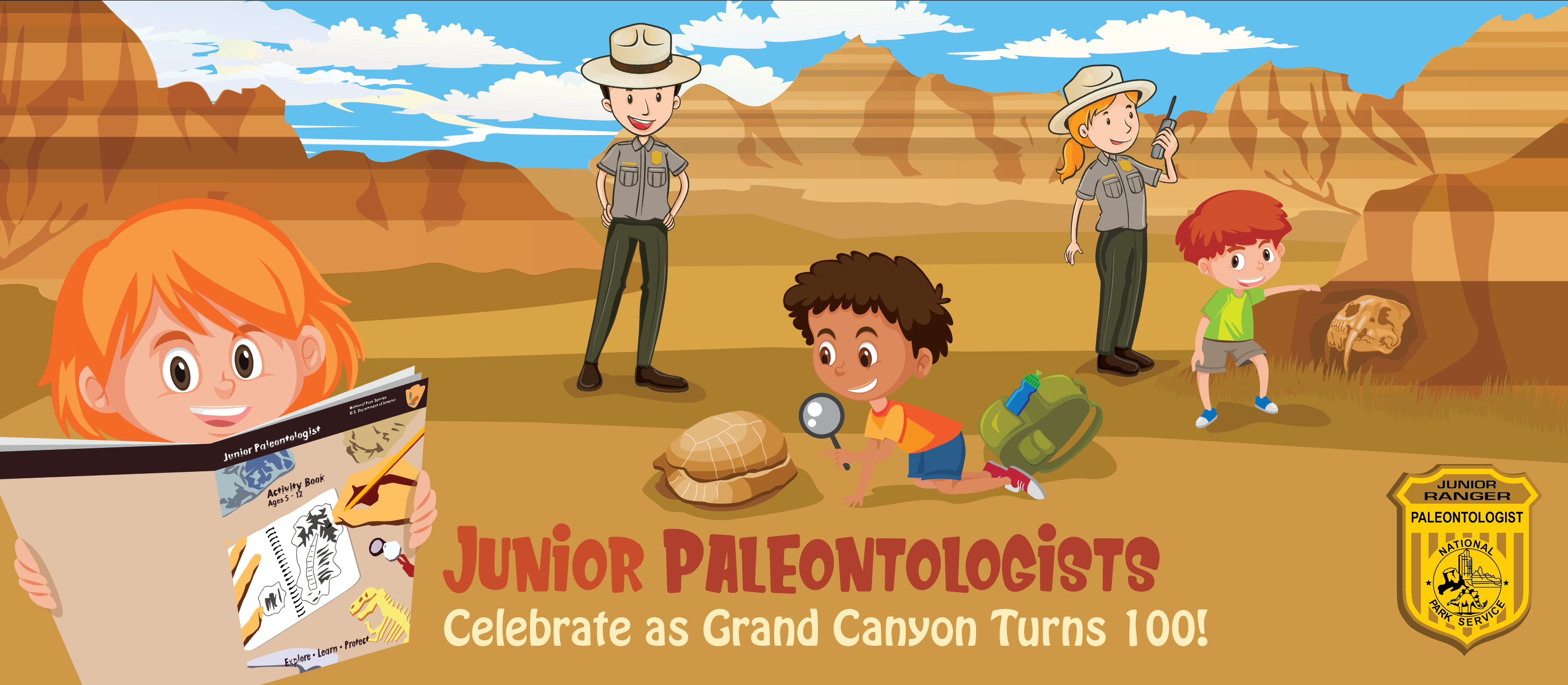 Cartoon children discover fossil while a park ranger overlooks