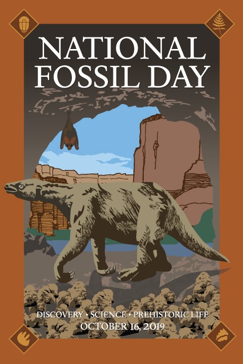 A large mammal, an extinct ground sloth walks across the entrance to a cave overlooking Grand Canyon. The words National Fossil Day October 16, 2019 and Discovery, Science Prehistoric Life adorn the edges