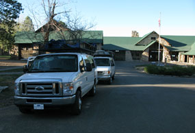 vans parked by the Grand Canyon Lodge on the North Rim
