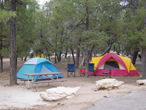 colorful tents in a family campsite at Mather Campground