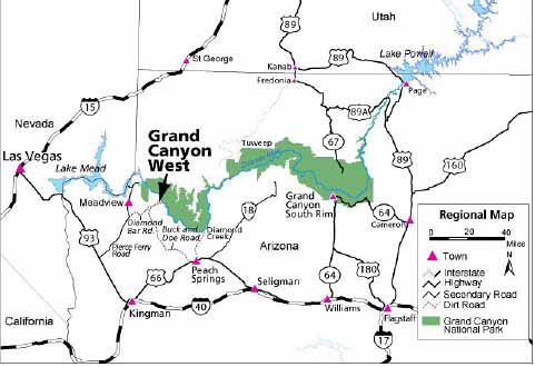 Map showing the location of Grand Canyon West in relation to Grand Canyon National Park.