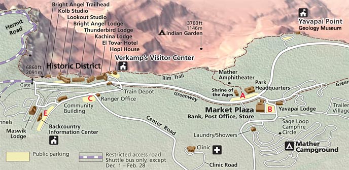 Parking lot map that shows Market Plaza and the Historic District