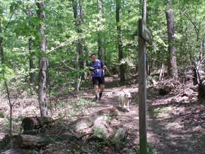 a woman walking her dog on a trail in Greenbelt Park