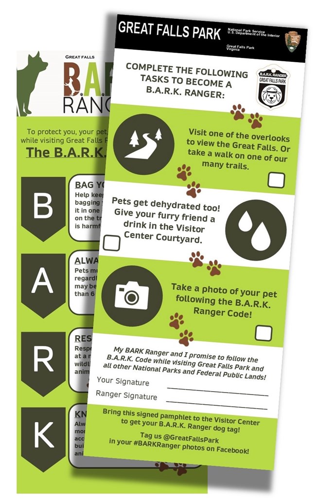 Front and back graphic merged of the Great Falls Park B.A.R.K. Pledge Card