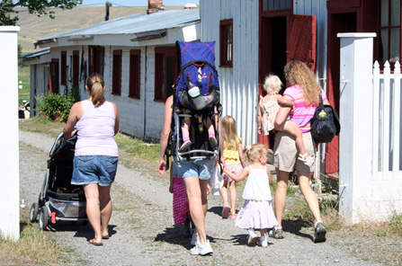 Visitors by bunkhouse row