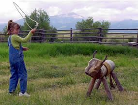 Taking to time to practice roping Woody the wooden steer.
