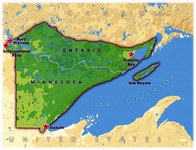A map showing the area of the US and Canada adjacent to Lake Superior served by this group. It includes northern Minnesota and southern Ontario.