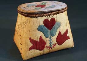 Ojibwe birchbark basket (Makuk) with porcupine quillwork dyed red and gray