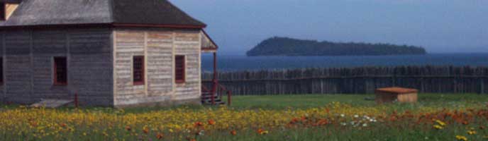 Field of yellow and orange flowers near great Hall overlooking lake Superior.