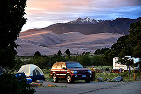 Many campsites have a view of the mountains and dunes