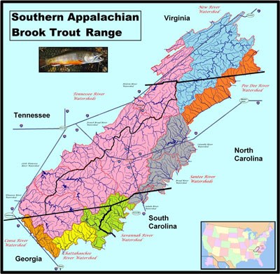 A map showing the range of Southern Appalachian Brook Trout in the southeastern U.S.