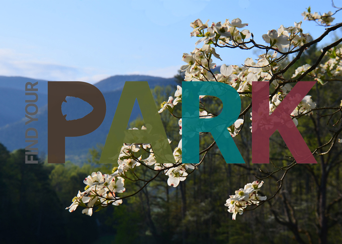 A scenic view of Great Smoky Mountains National Park with the Find Your Park Logo superimposed over top.