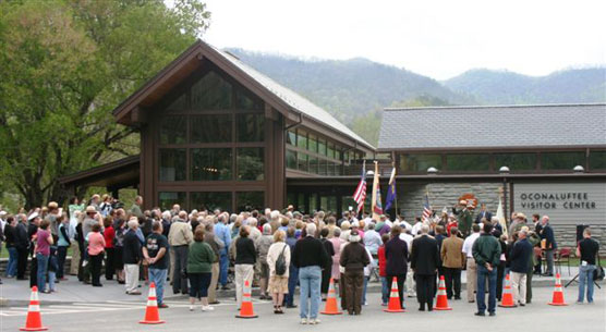 Visitors at the dedication ceremony for the new Oconaluftee Visitor Center