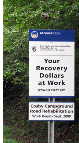 The American Recovery and Reinvestment Act sign for the Cosby Campground project.