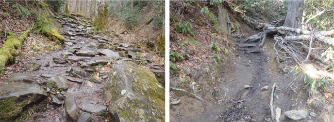 Wide area of impact and trail trenching before trail reconstruction