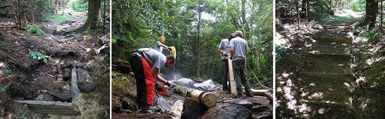 Trail crews work to repair an eroded trail. Before and after photos.