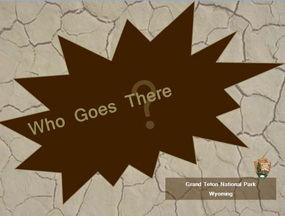 "Who Goes There" written on brown intro slide to presentation.