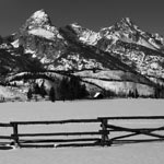 Snow at the Taggart barns near Taggart LAke Trailhead with wintry Teton Range.