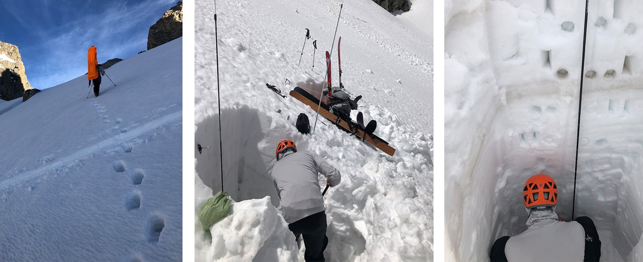 A man climbs a steep snow field, digs a pit, and samples the vertical wall of the pit by cutting holes and squares.