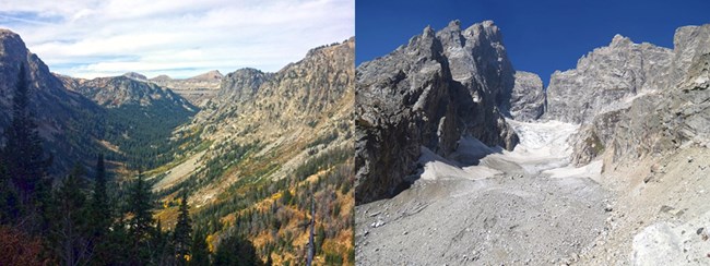 Death Canyon to the left with U-shape. Teton Glacier to the right.