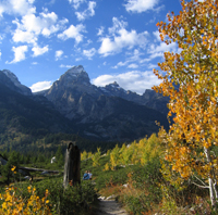 Hikers near Taggart Lake in Fall