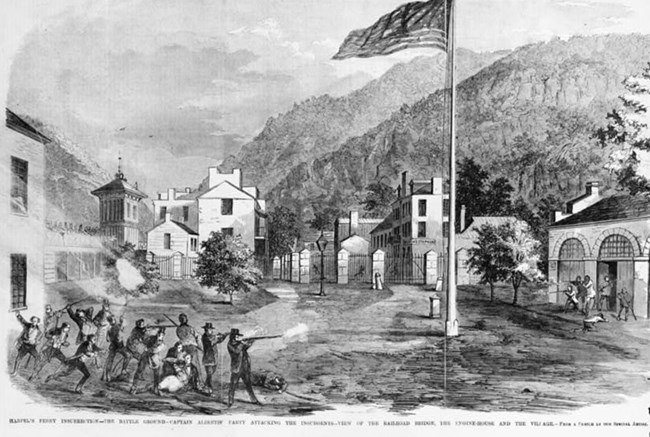 sketch of the action between militia and raiders at Harpers Ferry